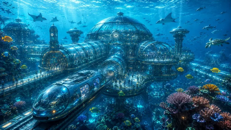 Ocean World Underwater Transit Hub with glass domes, transparent tunnels, underwater trains, coral reefs and vibrant marine life.