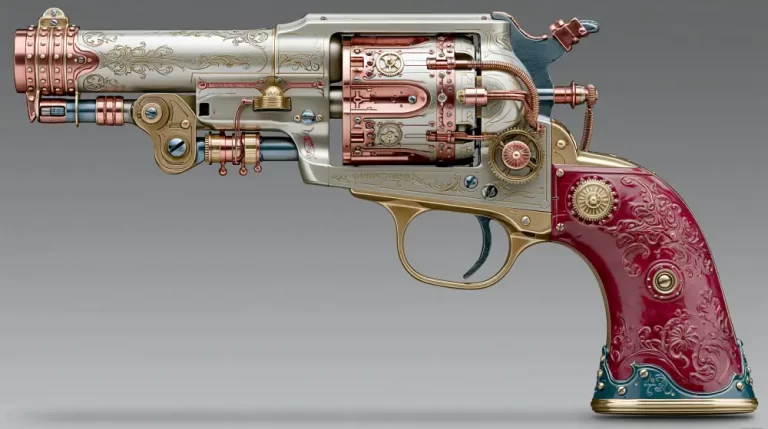 Ornate steampunk revolver with brass machinery, engraved metalwork, copper parts, and a red decorated grip on a gray background.
