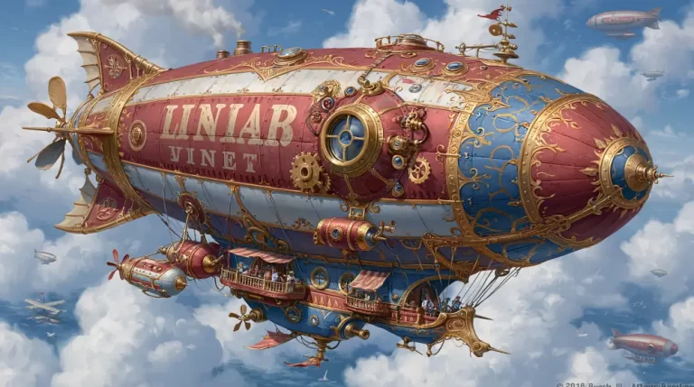 Red steampunk airship flying through clouds with ornate blue panels, passengers, propellers, brass details, and smaller aircraft nearby.