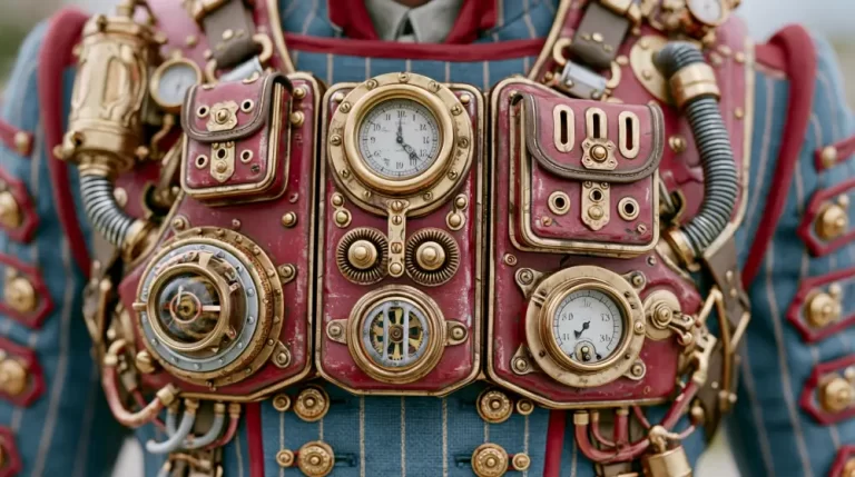 Red steampunk chest equipment with clocks, brass gauges, tubes, lenses, small compartments, and ornate mechanical details.