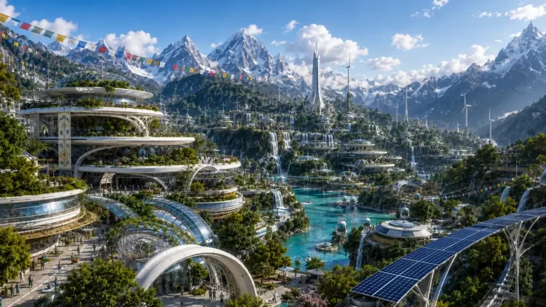 Solarpunk alpine city with cascading waterfalls, glass domes, solar panels, and futuristic architecture beneath snow-capped mountains.