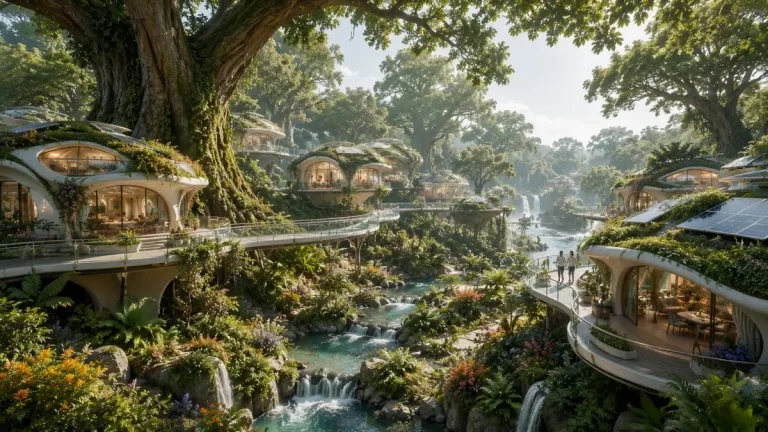 Solarpunk Ancient Forest Village with eco-homes, ancient trees, lush gardens, flowing streams, and sustainable architecture.