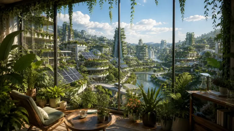 View from a solarpunk apartment overlooking a green city with solar panels, canals, and lush vertical gardens.