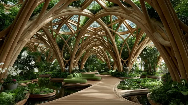 Solarpunk botanical gallery with bamboo arches, indoor gardens, skylights, and tranquil water features.