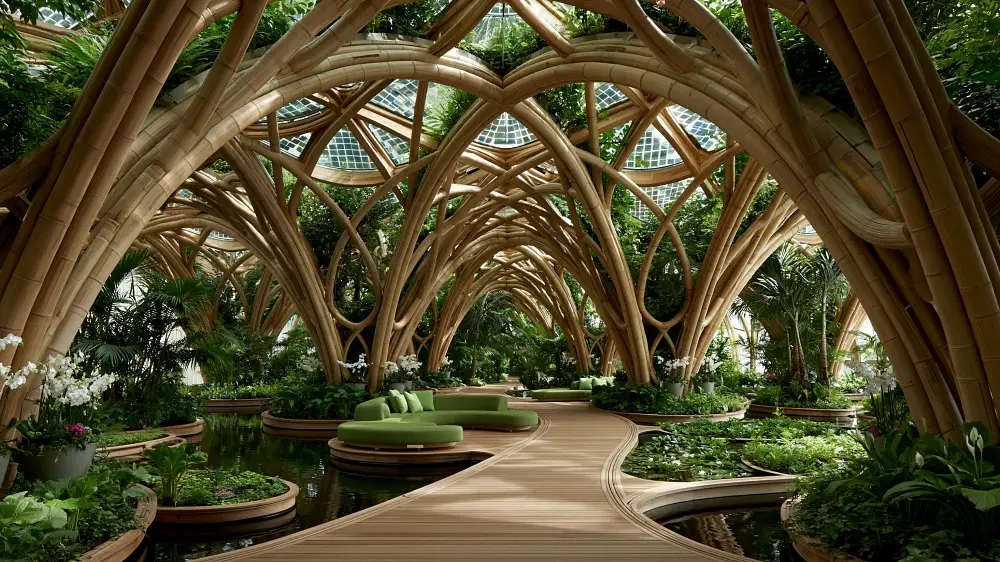 Solarpunk botanical gallery with bamboo arches, indoor gardens, skylights, and tranquil water features.