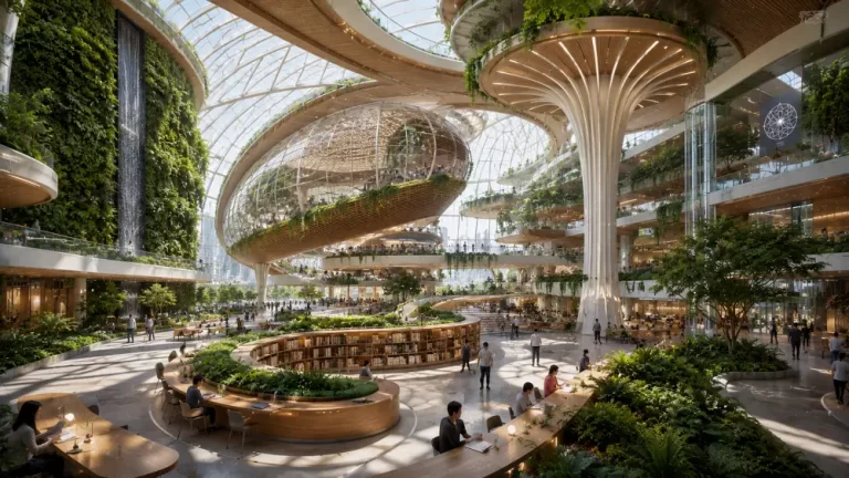 Large solarpunk educational complex featuring indoor gardens, waterfalls, glass domes, and collaborative learning spaces.