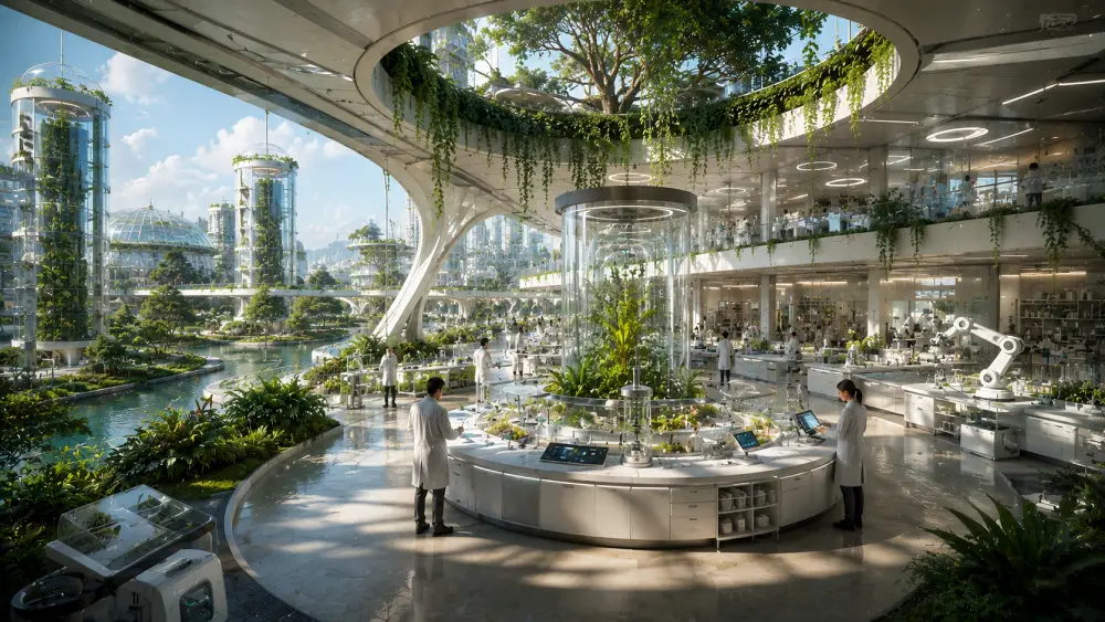 Solarpunk biotechnology laboratory with indoor gardens, robotic workstations, glass architecture, and sustainable research spaces.
