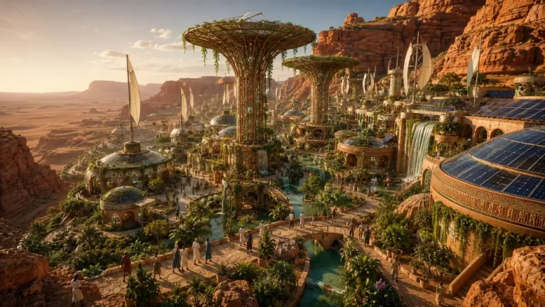 Solarpunk canyon oasis city with towering green structures, solar panels, waterfalls, and sustainable desert architecture.