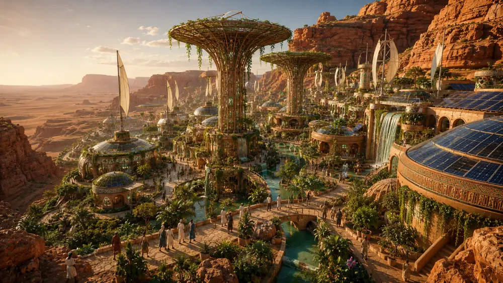 Solarpunk canyon oasis city with towering green structures, solar panels, waterfalls, and sustainable desert architecture.