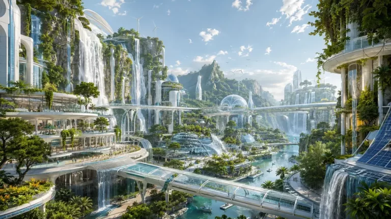 Solarpunk Cascading Eco Metropolis with cascading waterfalls, lush greenery, transparent skybridges, and sustainable white architecture.