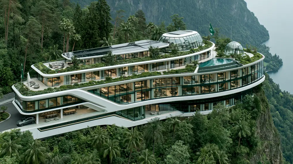 Solarpunk eco resort built on a forested cliff with green terraces, glass architecture, rooftop gardens, and panoramic views.