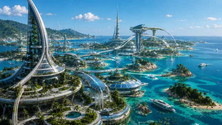 Solarpunk coastal metropolis spread across tropical islands with futuristic towers, bridges, solar panels, and turquoise lagoons.