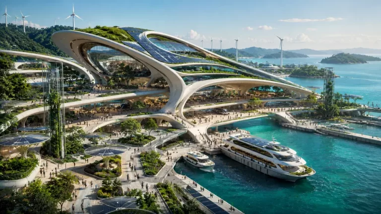 Futuristic solarpunk coastal terminal with electric ferries, solar roofs, green architecture, and turquoise waterfront.