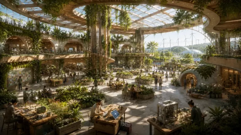 Solarpunk innovation hub with indoor gardens, collaborative workshops, glass roof, and renewable energy technologies.