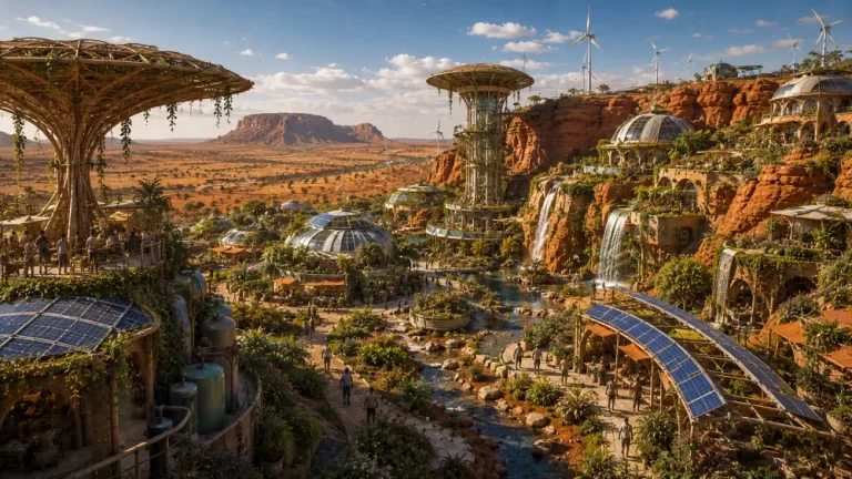 Solarpunk settlement built into desert cliffs with waterfalls, solar panels, biodomes, and lush oasis gardens.