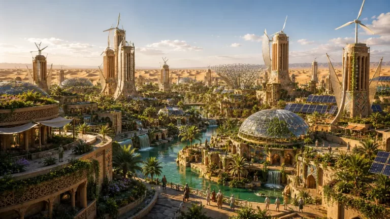 Solarpunk desert metropolis with green domes, solar panels, wind towers, waterways, and lush oasis landscapes.