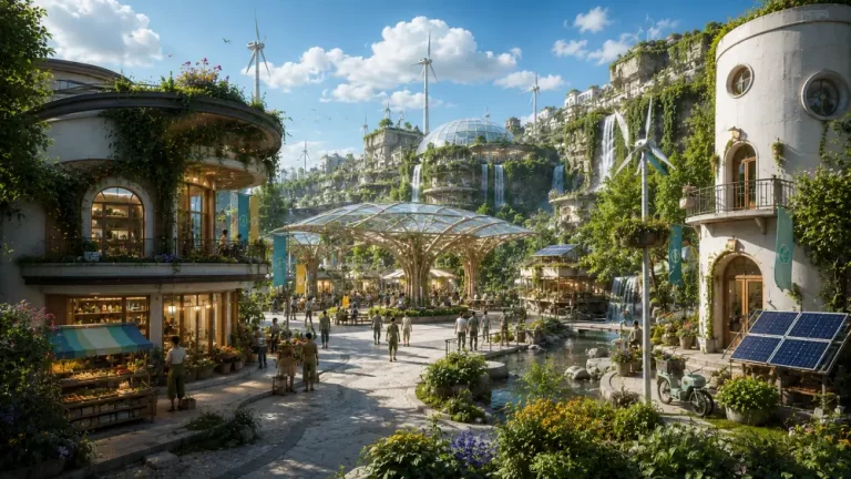Solarpunk central plaza with green architecture, waterfalls, glass canopies, wind turbines, and vibrant public spaces.