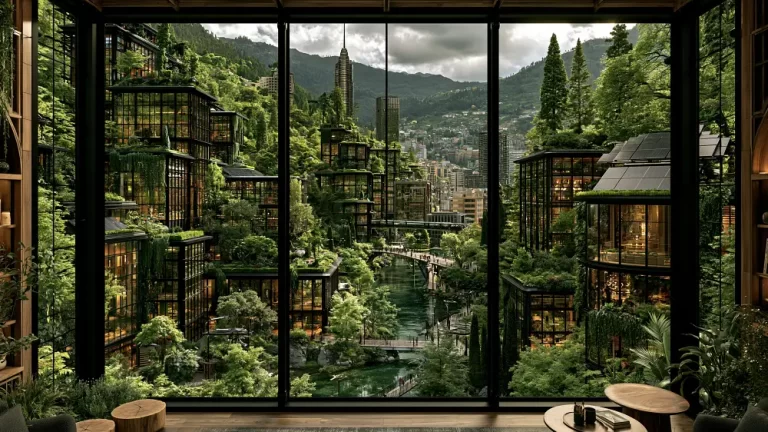 Panoramic view of a solarpunk eco city with lush green buildings, forested mountains, canals, and sustainable architecture.