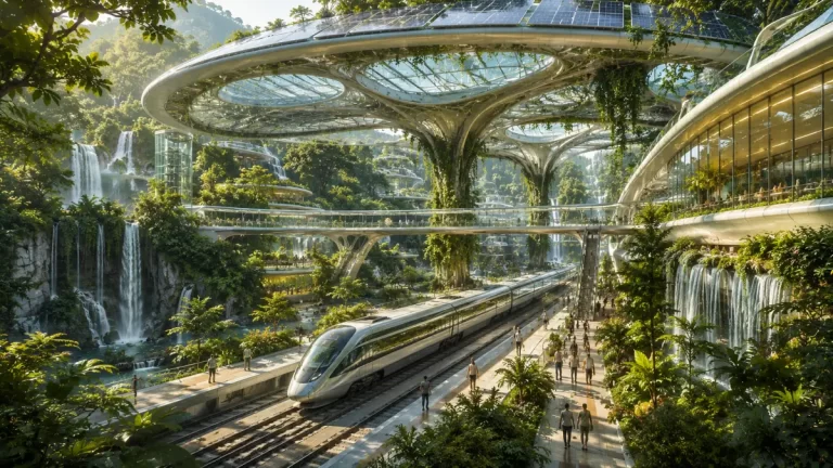 Solarpunk Eco Transit Hub with a futuristic train station, waterfalls, lush greenery, and sustainable eco-architecture.