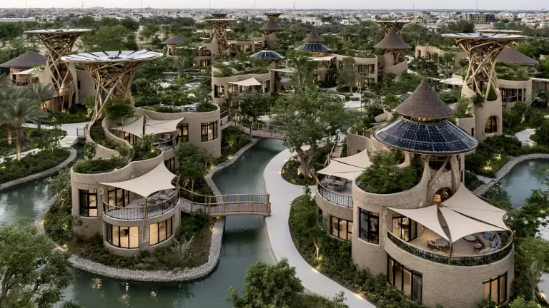 Solarpunk eco village with organic homes, winding canals, rooftop solar panels, and abundant green landscapes.