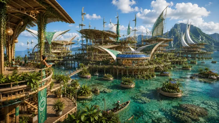 Floating solarpunk ocean city with bamboo architecture, sailing vessels, eco platforms, and crystal-clear tropical waters.