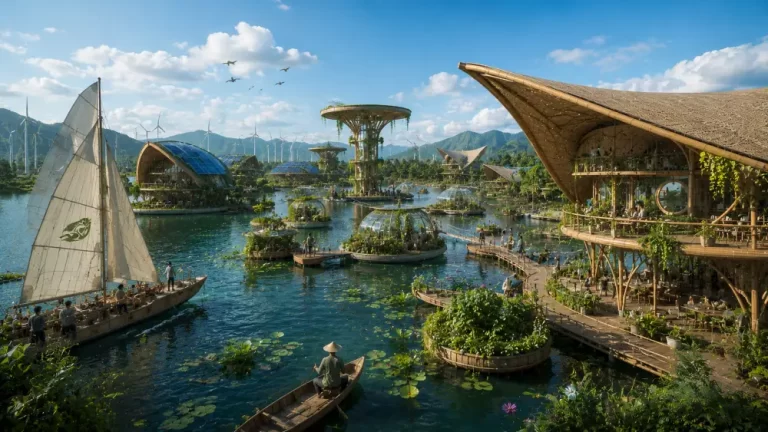 Floating solarpunk waterfront district with bamboo architecture, eco islands, sailboats, and lush aquatic gardens.