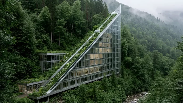 Solarpunk research center built into a forested hillside with terraced green roofs and a striking triangular glass facade.