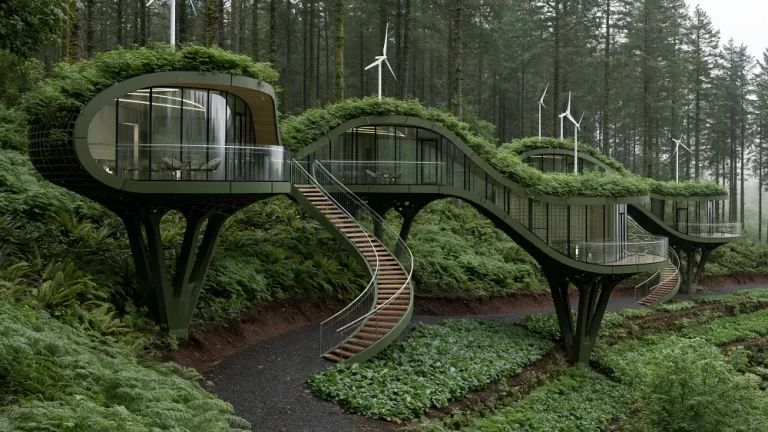 Solarpunk treehouse residences with green roofs, elevated organic architecture, and wind turbines in a dense forest.