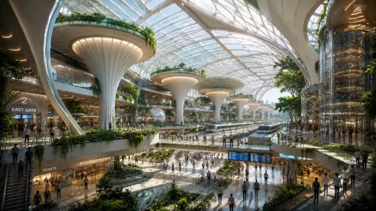 Spacious solarpunk transportation terminal with high-speed trains, indoor gardens, natural light, and futuristic architecture.