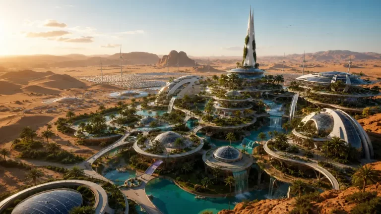 Solarpunk desert oasis with futuristic domes, cascading waterfalls, lush gardens, solar energy, and sustainable architecture.