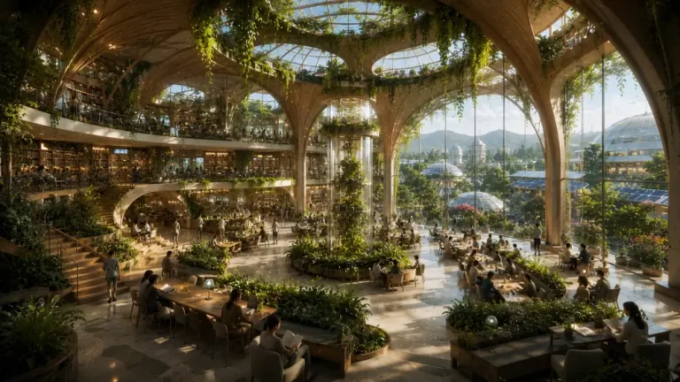 Grand solarpunk knowledge atrium with soaring wooden arches, indoor gardens, glass domes, and collaborative learning spaces.