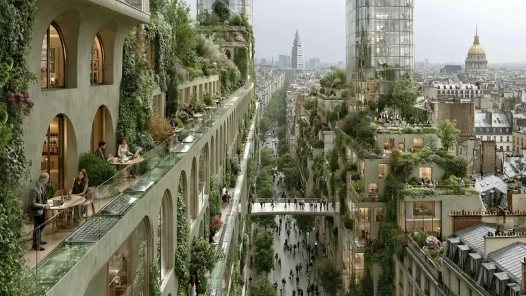 Solarpunk city boulevard lined with green buildings, rooftop gardens, elevated walkways, and lush urban vegetation.