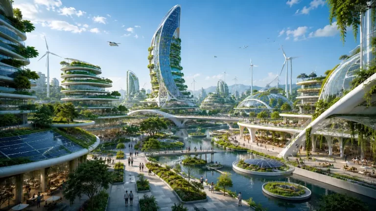 Modern solarpunk district with circular green buildings, waterways, bridges, solar panels, and renewable energy infrastructure.