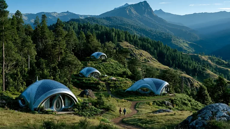 Solarpunk eco homes built into a forested mountain landscape with organic architecture and sustainable design.