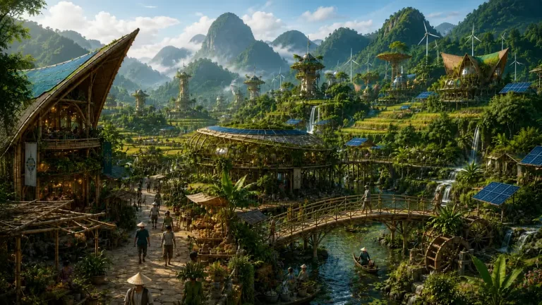 Solarpunk mountain village with bamboo architecture, solar panels, waterfalls, rice terraces, and wind turbines.