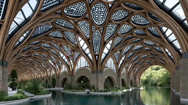 Solarpunk atrium with tree-like wooden arches, glass skylights with solar panels, and tranquil indoor waterways.