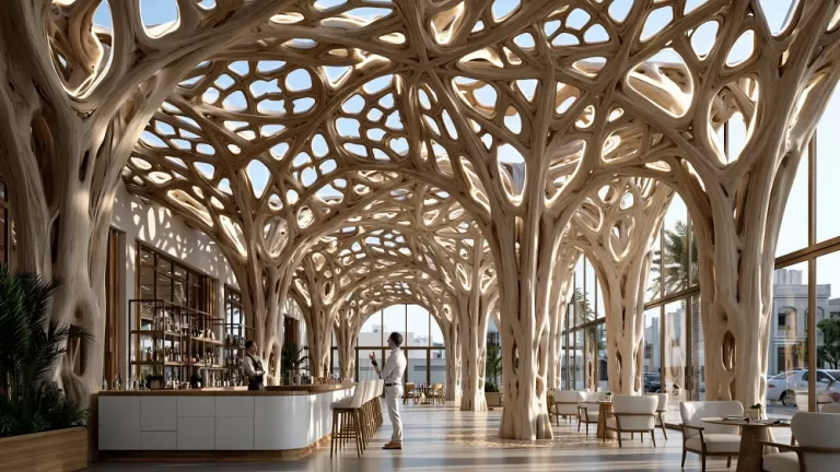 Modern solarpunk café with tree-inspired wooden columns, organic canopy ceiling, and bright open interior.