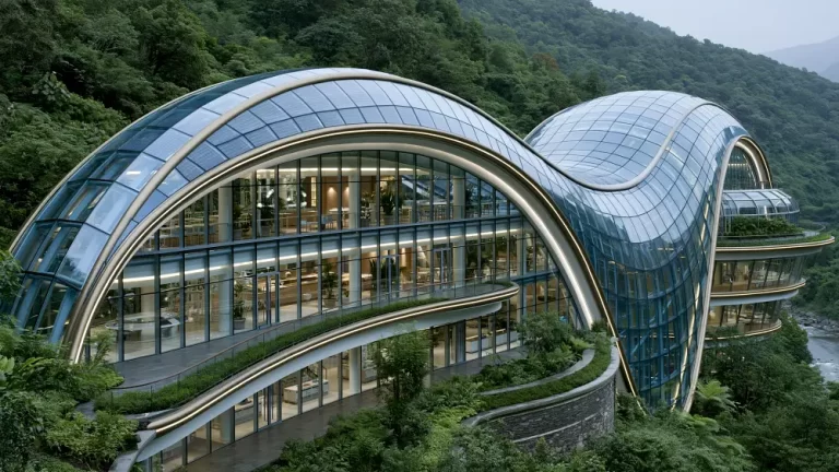 Futuristic solarpunk research center with curved glass architecture integrated into a lush forested mountain valley.