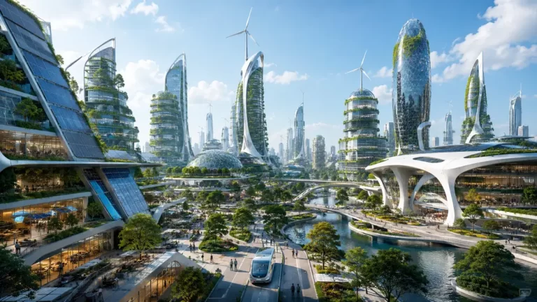 Futuristic solarpunk city with green skyscrapers, solar panels, canals, wind turbines, and sustainable public transportation.