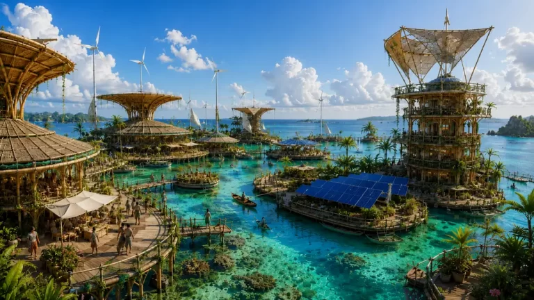 Floating solarpunk harbor with bamboo architecture, solar panels, wind turbines, and crystal-clear tropical waters.