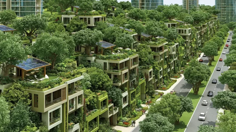 Modern solarpunk residential complex with rooftop forests, solar panels, lush vegetation, and tree-lined streets.