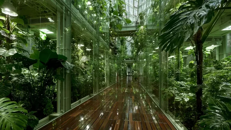 Glass corridor inside a solarpunk building filled with tropical plants, lush greenery, and sustainable architectural design.