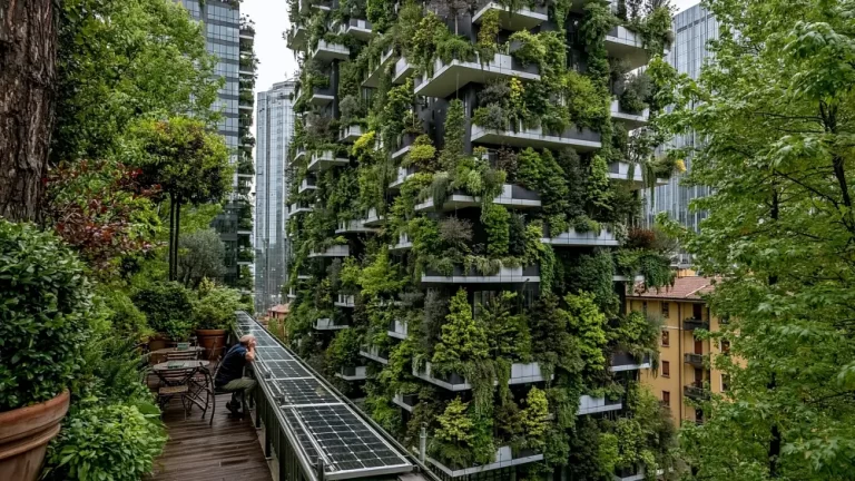 Modern solarpunk tower covered with lush vegetation, surrounded by trees and integrated solar panels.