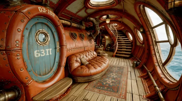 Luxurious interior cabin of a steampunk airship with leather seating and brass details.
