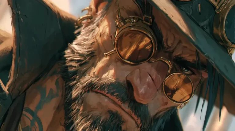 Close-up portrait of a rugged steampunk airship captain wearing goggles and a weathered hat.