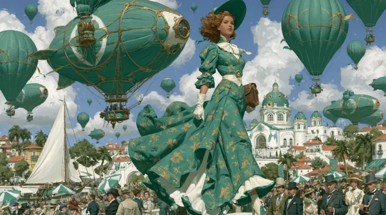 Steampunk festival scene with green airships, a woman in period dress, and a crowded city square.