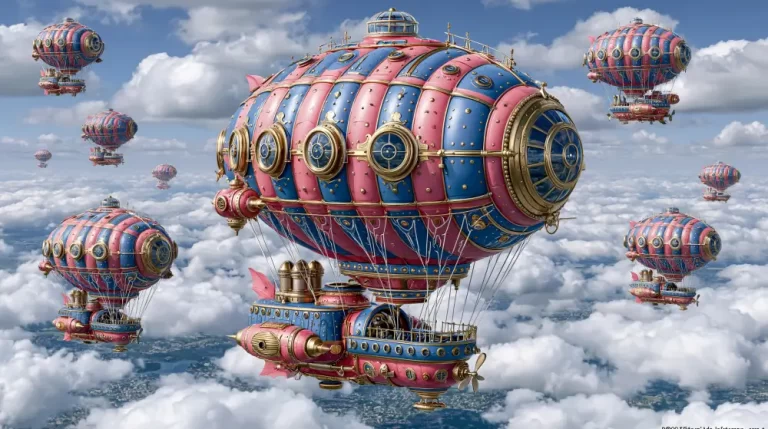 Colorful steampunk airship fleet flying above the clouds in a bright sky.