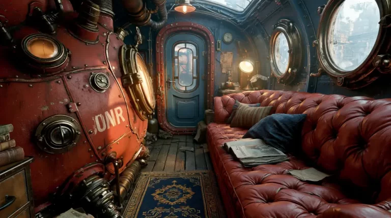 Luxurious interior lounge of a steampunk airship with leather seating.
