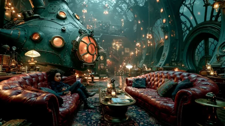 Luxurious lounge inside a grand steampunk airship with leather seating and brass details.