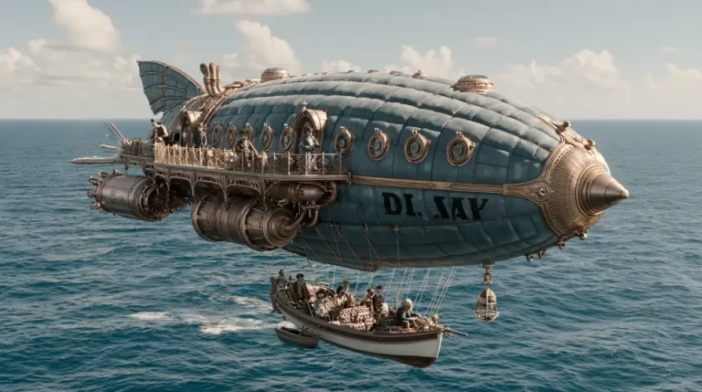 Steampunk airship flying over the sea with a boat suspended below, passengers, portholes, propellers, and ocean horizon.